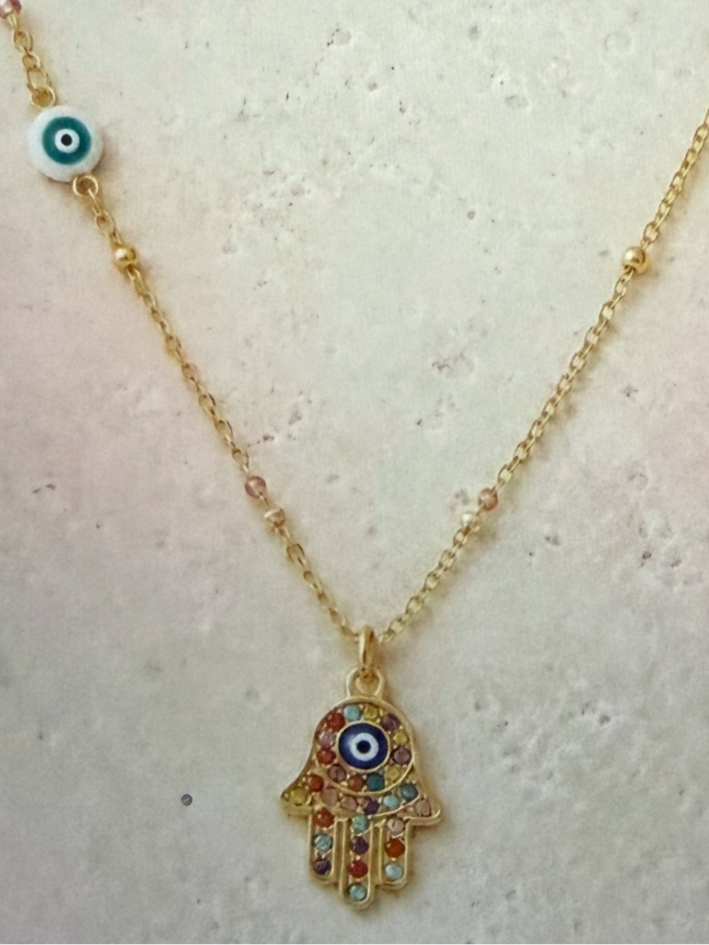 Elan 18 Kt Gold Plated Hamsa Hand Pendant with Multicolor Stones & Evil Eye- New
